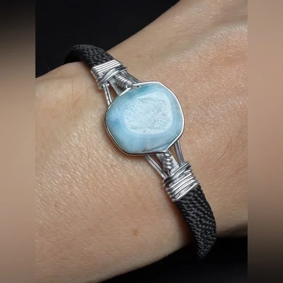 Handmade Natural Larimar Stone & Wire-Wrapped Bracelet - Picture 6 of 11